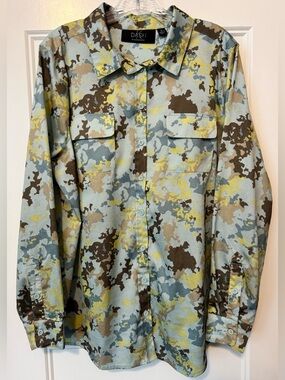 Dash by Kardashian Abstract Camo Satin Button Front Blouse XL Y2K Utility Shirt